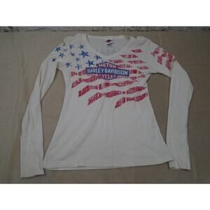 HARLEY DAVIDSON V-Neck Homeland American Flag Long Sleeve Tee Shirt Top Medium